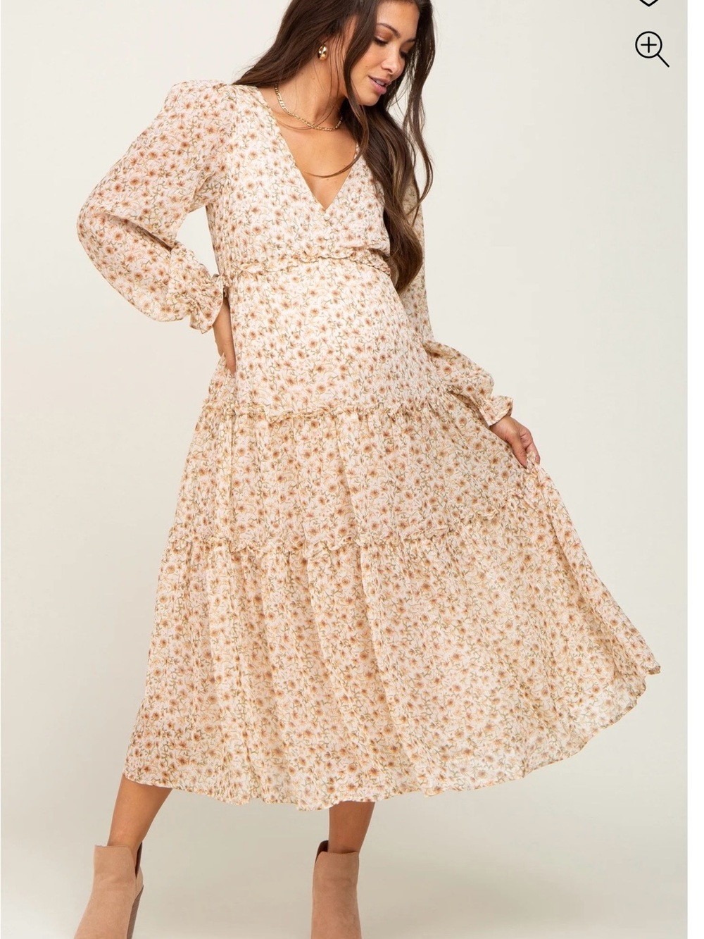 Cream Floral Tiered Maxi Dress with V-Neck - Picture 3 of 3
